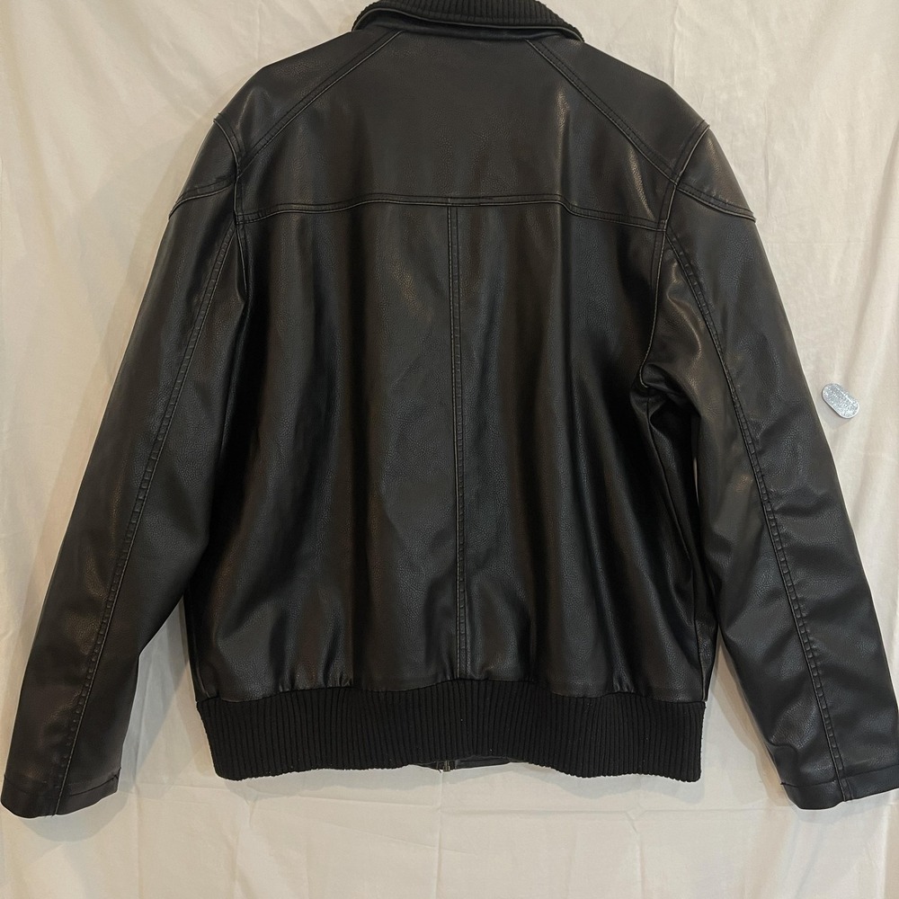 Faux Leather Bomber‎ Jacket Mens Large Black Rib Knit Collar Hem Quilted Lining